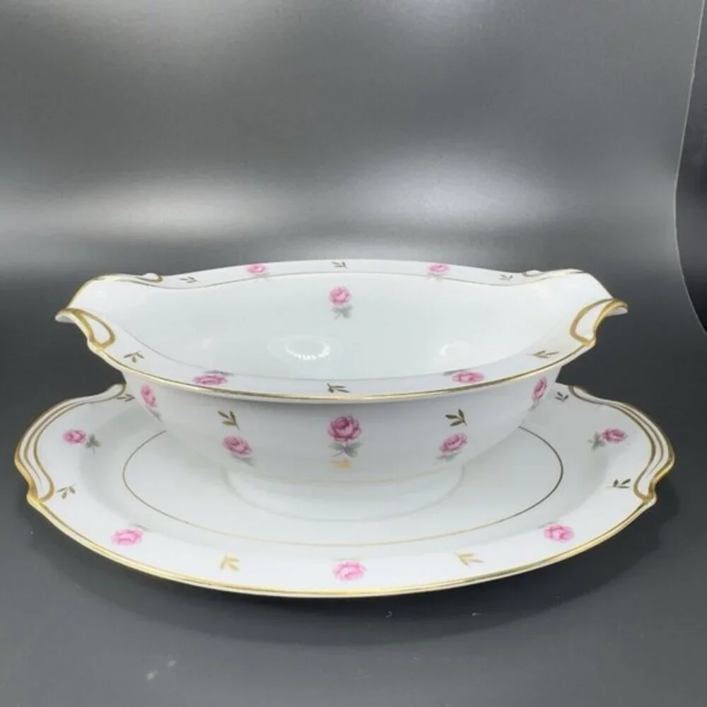 Noritake Rosalie Gravy Boat with Attached UnderPlate Sauce‎ Dish Porcelain Japan